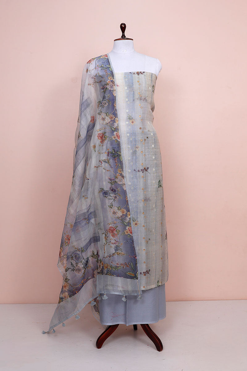 Cloud Grey Floral Printed Organza Silk Dress Materia By Chinaya Banaras