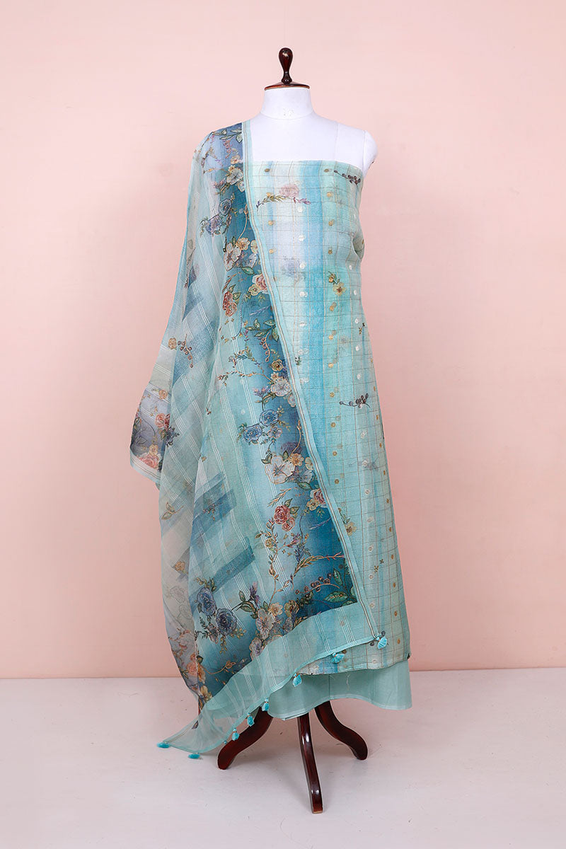 Aqua Blue Floral Printed Organza Silk Dress Material By Chinaya Banaras