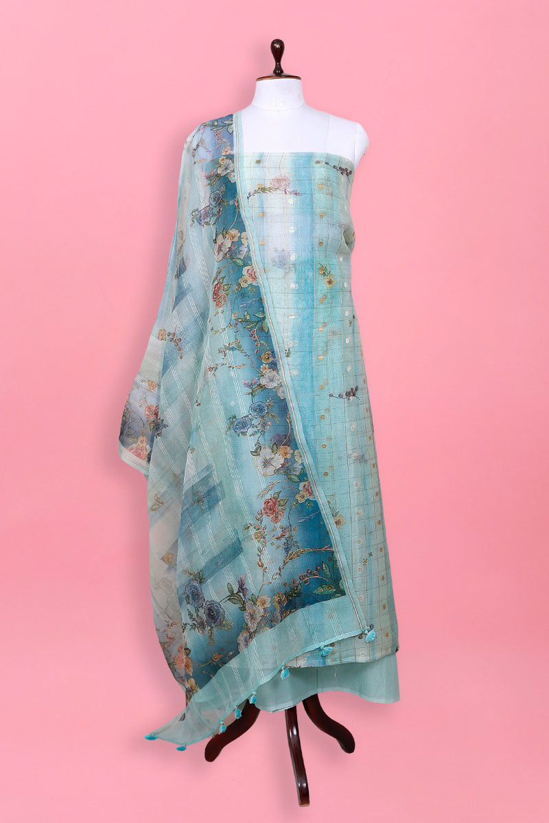 Blue Floral Printed Organza Silk Suit Set At Chinaya Banaras