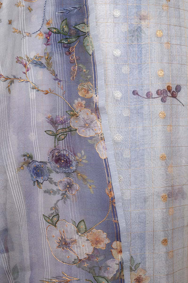 Cloud Grey Floral Printed Organza Silk Dress Material - Chinaya Banaras