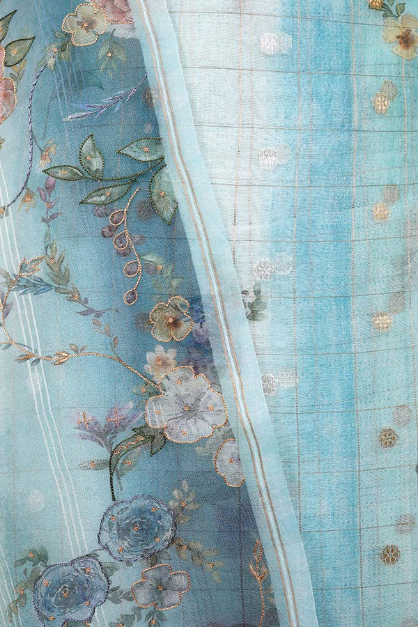 Aqua Blue Floral Printed Organza Silk Dress Material - Chinaya Banaras