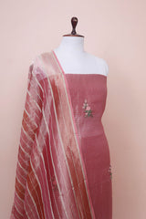 Rose Pink Floral Embroidered Tissue Silk Dress Material - Chinaya Banaras