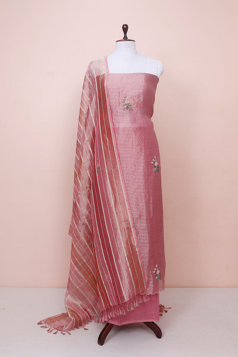 Rose Pink Floral Embroidered Tissue Silk Dress Material  By Chinaya Banaras 