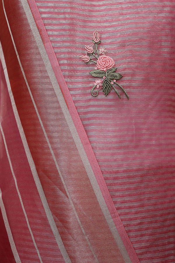 Rose Pink Floral Embroidered Tissue Silk Dress Material - Chinaya Banaras