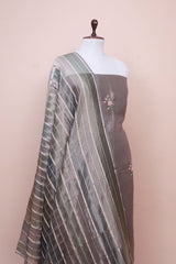 Steel Grey Floral Embroidered Tissue Silk Dress Material
