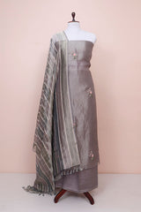 Steel Grey Floral Embroidered Tissue Silk Dress Material By Chinaya Banaras