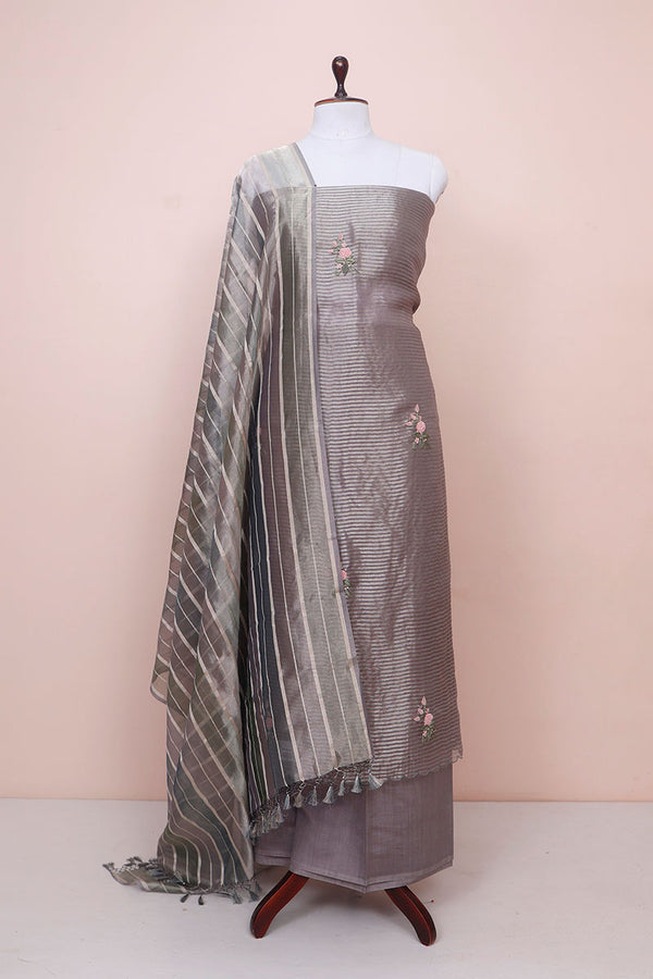 Steel Grey Floral Embroidered Tissue Silk Dress Material By Chinaya Banaras