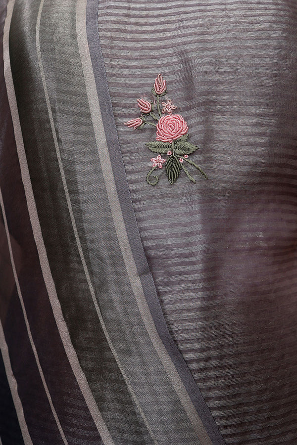 Steel Grey Floral Embroidered Tissue Silk Dress Material