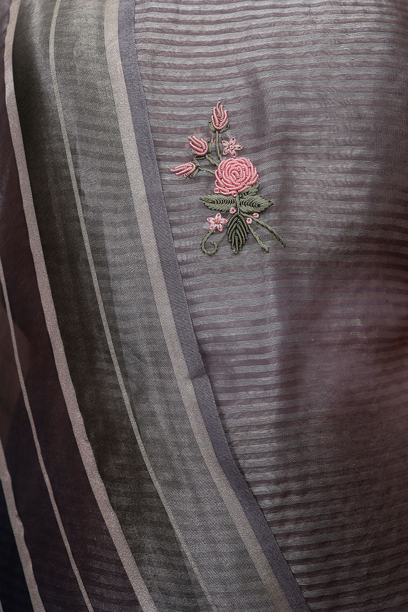 Steel Grey Floral Embroidered Tissue Silk Dress Material