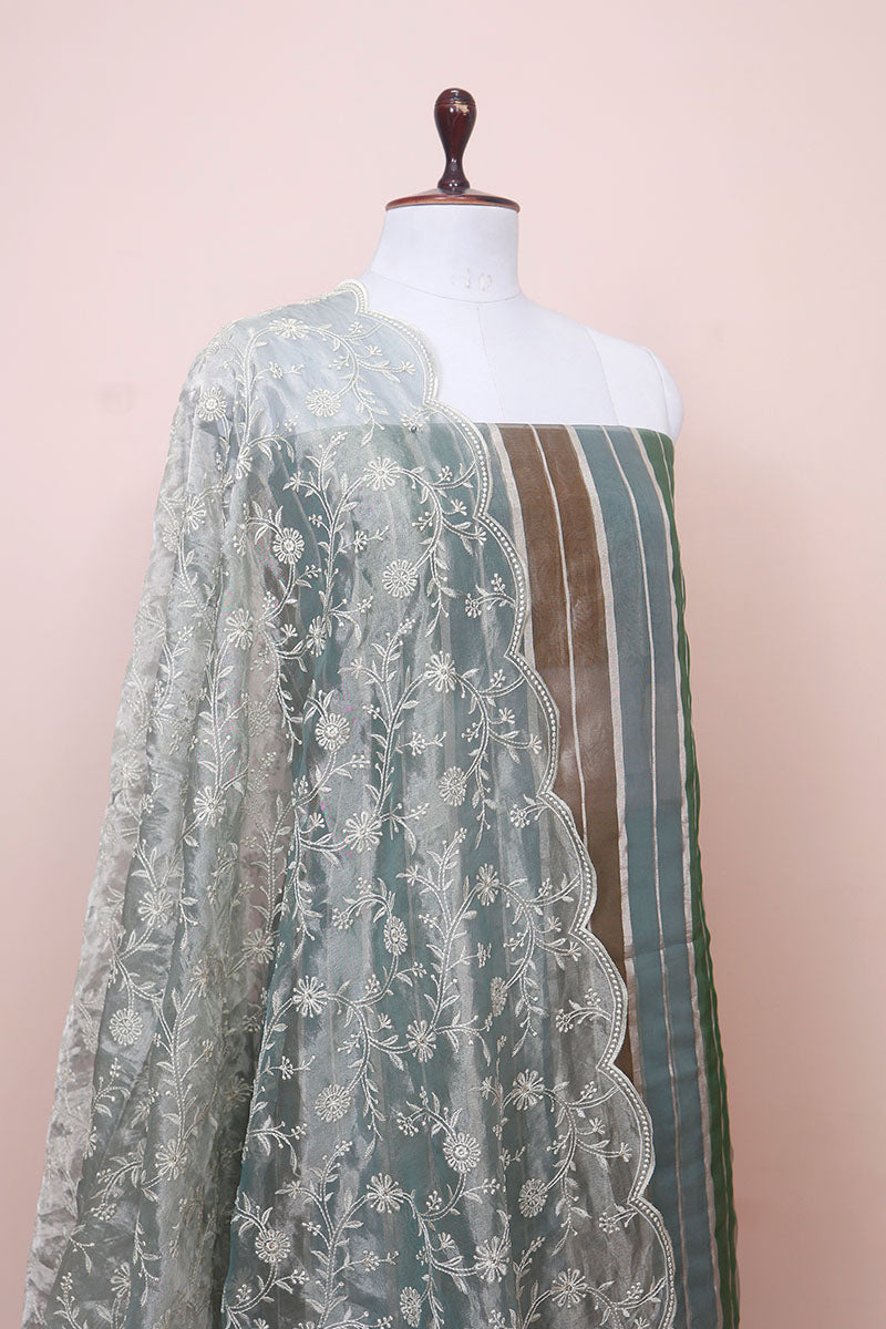 Silver Grey Rangkat Woven Tissue Silk Dress Material