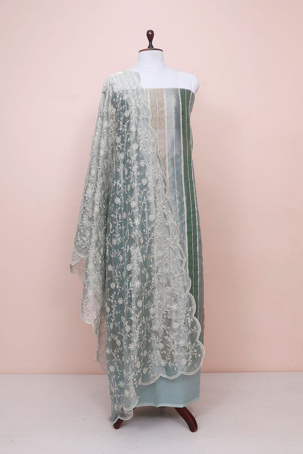 Silver Grey Rangkat Woven Tissue Silk Dress Material By Chinaya Banaras 