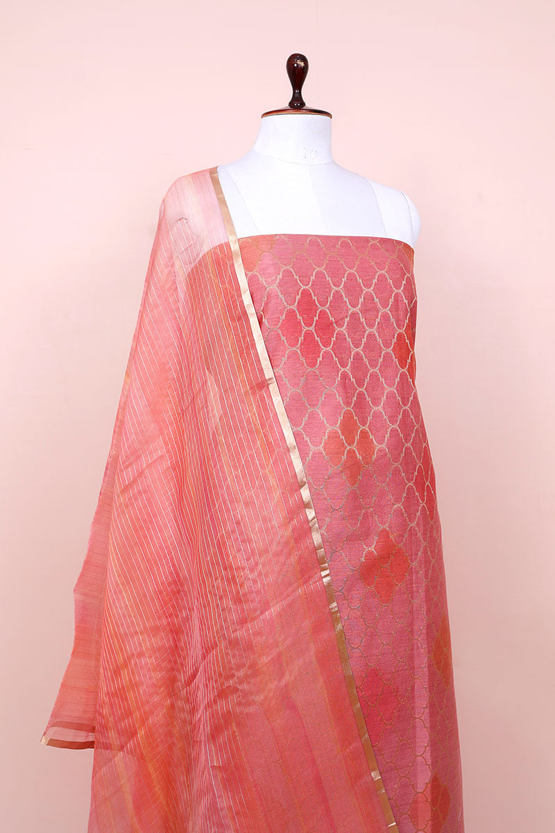 Old Rose Pink Geometrical Woven  Chanderi Silk Dress Material