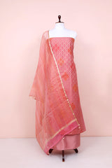 Old Rose Pink Geometrical Woven Chanderi Silk Dress Material By Chinaya Banaras 