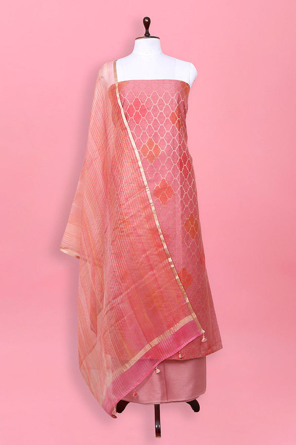 Old Rose Pink Geometrical Woven  Chanderi Silk Dress Material