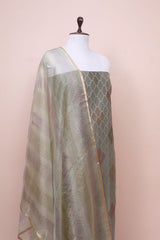Misty Grey Pink Geometrical Woven  Chanderi Silk Dress Material