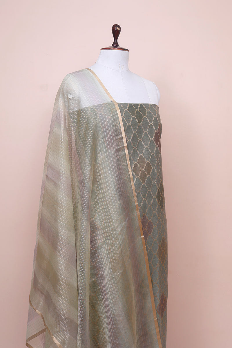 Misty Grey Pink Geometrical Woven Chanderi Silk Dress Material - Chinaya Banaras