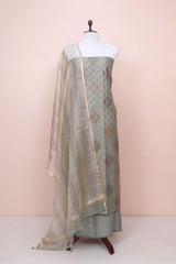 Misty Grey Pink Geometrical Woven Chanderi Silk Dress Material By Chinaya Banaras 