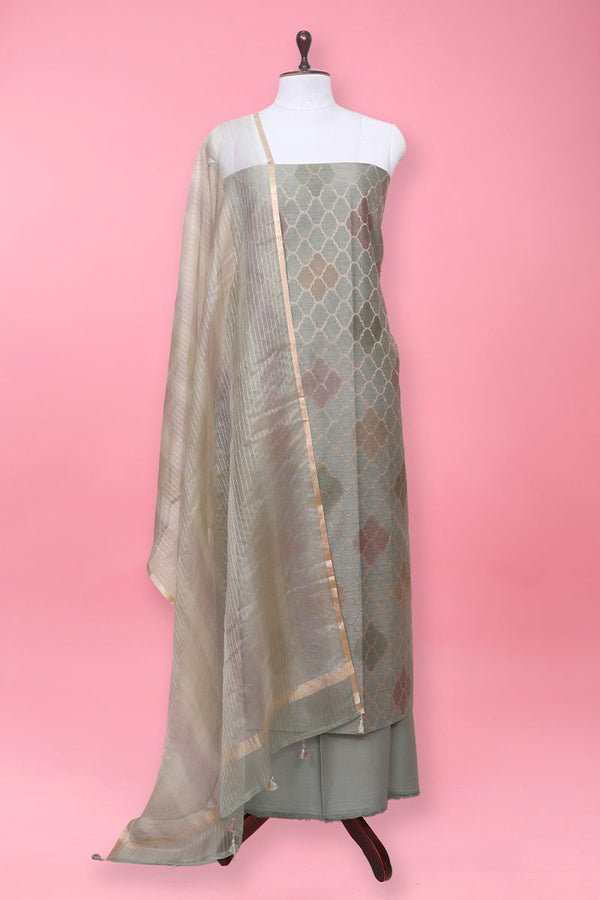Grey Pink Geometrical Woven  Chanderi Silk Suit Set At Chinaya Banaras