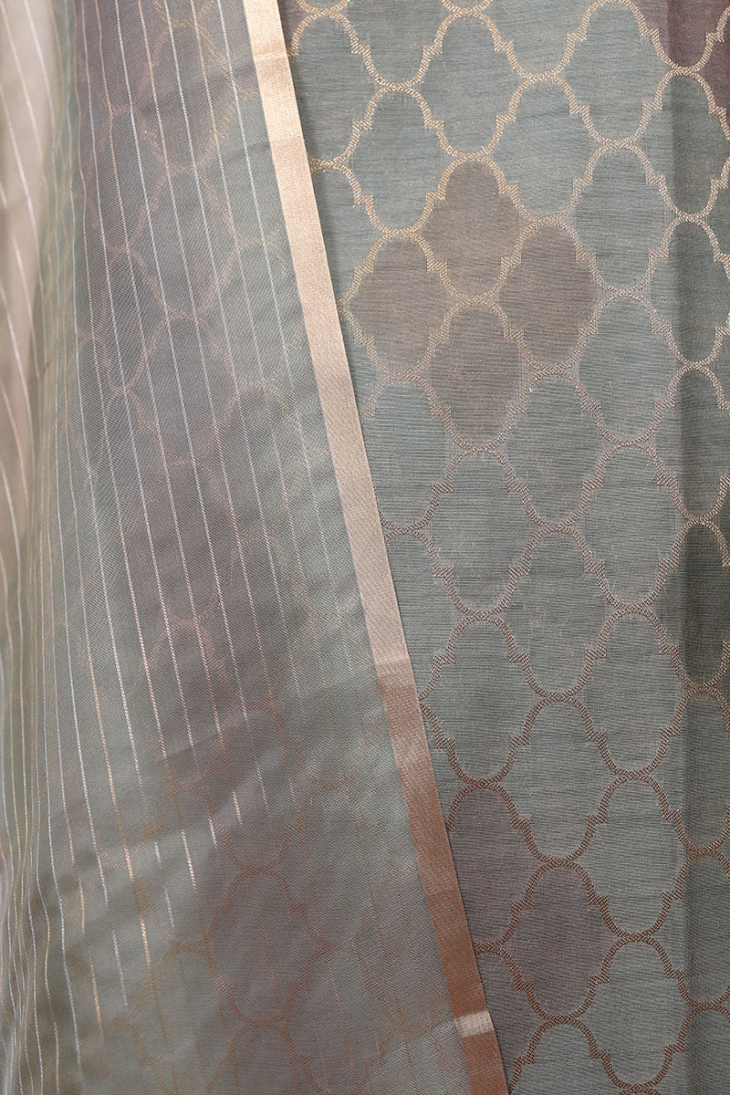 Misty Grey Pink Geometrical Woven  Chanderi Silk Dress Material