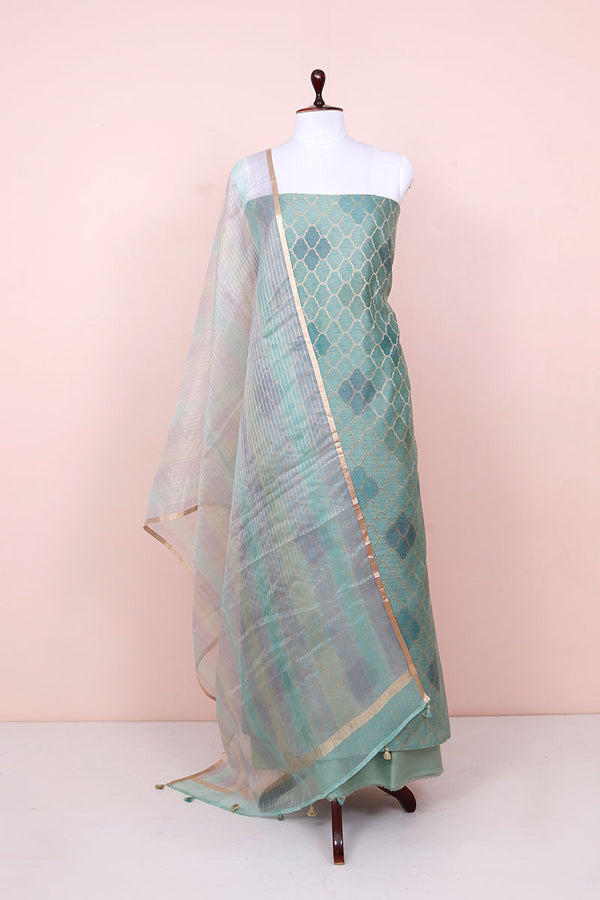 Tiffany Blue Geometrical Woven Chanderi Silk Dress Material By Chinaya Banaras
