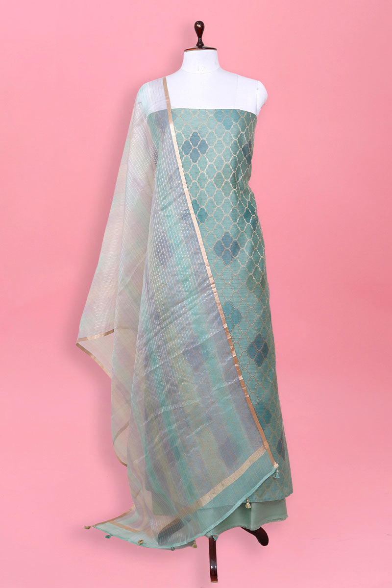 Tiffany Blue Geometrical Woven Chanderi Silk Dress Material - Chinaya Banaras
