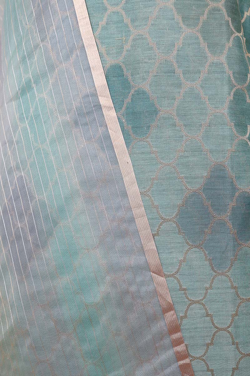 Tiffany Blue Geometrical Woven  Chanderi Silk Dress Material