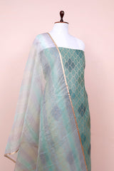 Tiffany Blue Geometrical Woven Chanderi Silk Dress Material - Chinaya Banaras