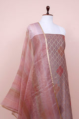 Rust Mauve Geometrical Woven Chanderi Silk Dress Material