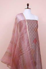 Rust Mauve Geometrical Woven Chanderi Silk Dress Material - Chinaya Banaras