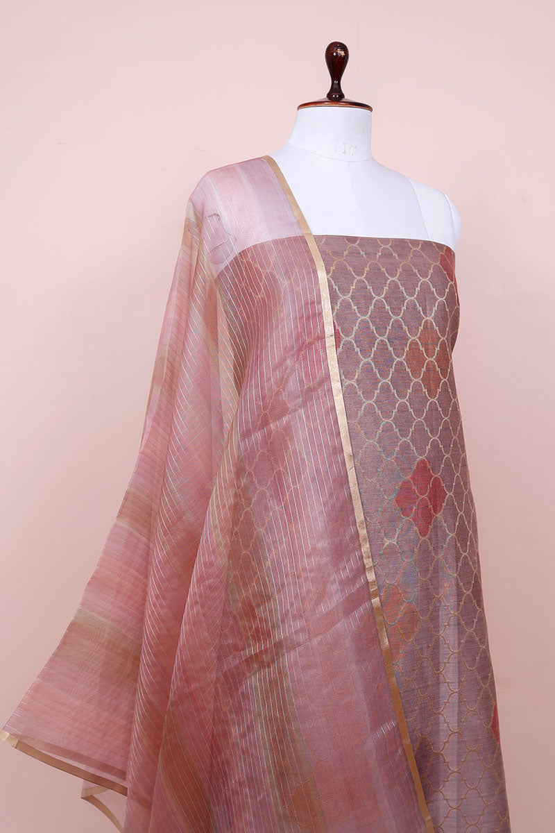 Rust Mauve Geometrical Woven Chanderi Silk Dress Material