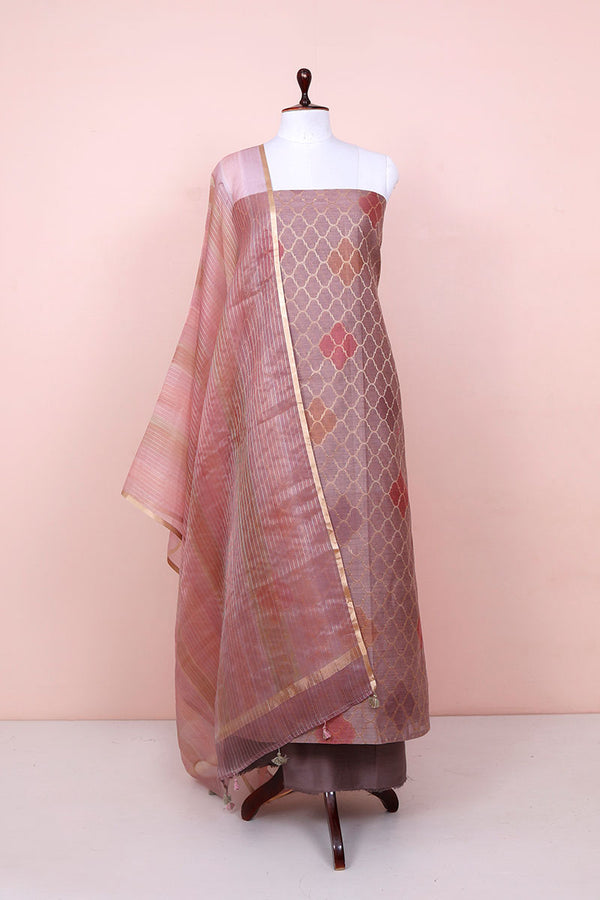 Rust Mauve Geometrical Woven Chanderi Silk Dress Material By Chinaya Banaras 