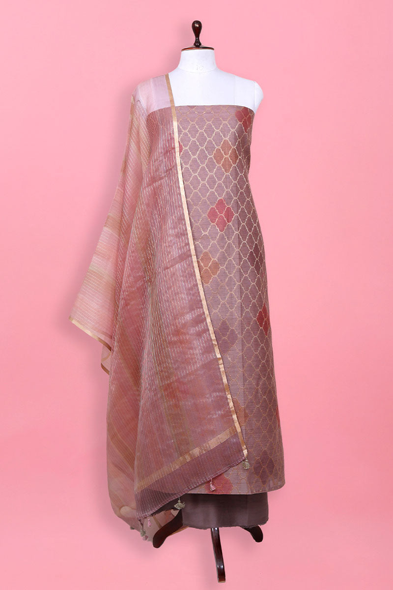 Rust Mauve Geometrical Woven Chanderi Silk Dress Material - Chinaya Banaras