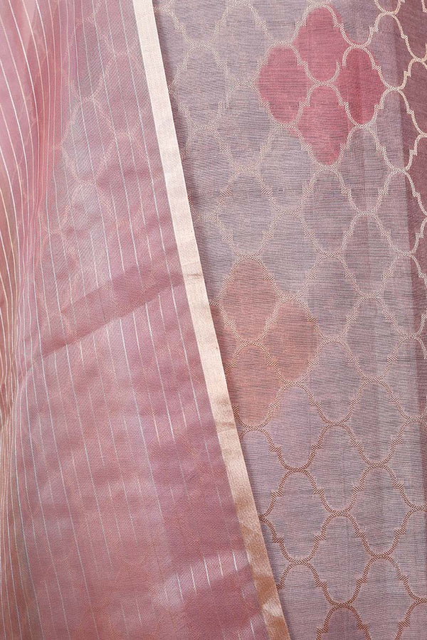 Rust Mauve Geometrical Woven Chanderi Silk Dress Material - Chinaya Banaras
