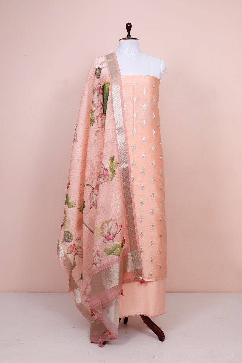 Peach Woven Chanderi Silk Dress Material By Chinaya Banaras