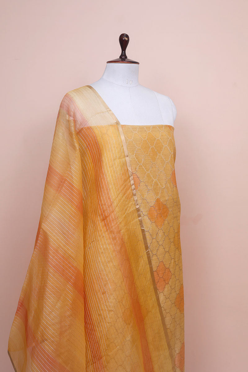 Mango Yellow Geometrical Woven Chanderi Silk Dress Material - Chinaya Banaras