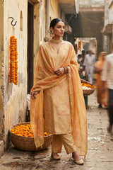 Mango Yellow Geometrical Woven Chanderi Silk Dress Material