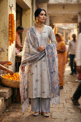 Cloud Grey Floral Printed Organza Silk Dress Material