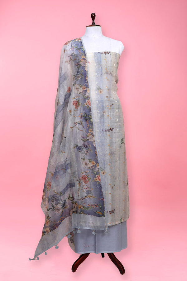 Grey Floral Printed Organza Silk Suit Set At Chinaya Banaras