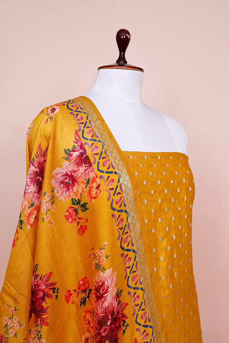 Yellow Digital Printed Chanderi Silk Dress Material - Chinaya Banaras