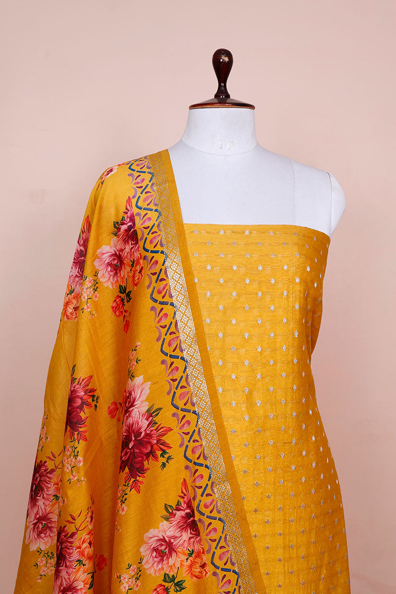 Yellow Digital Printed Chanderi Silk Dress Material - Chinaya Banaras