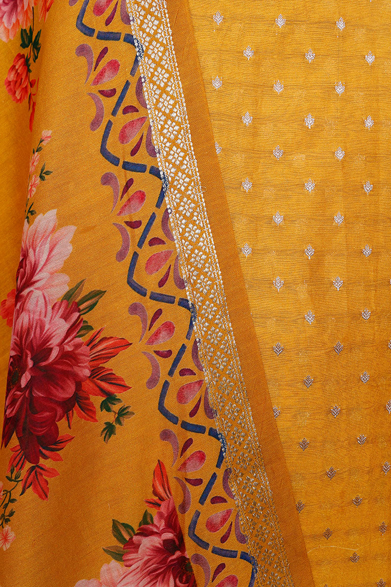 Yellow Digital Printed Chanderi Silk Dress Material - Chinaya Banaras