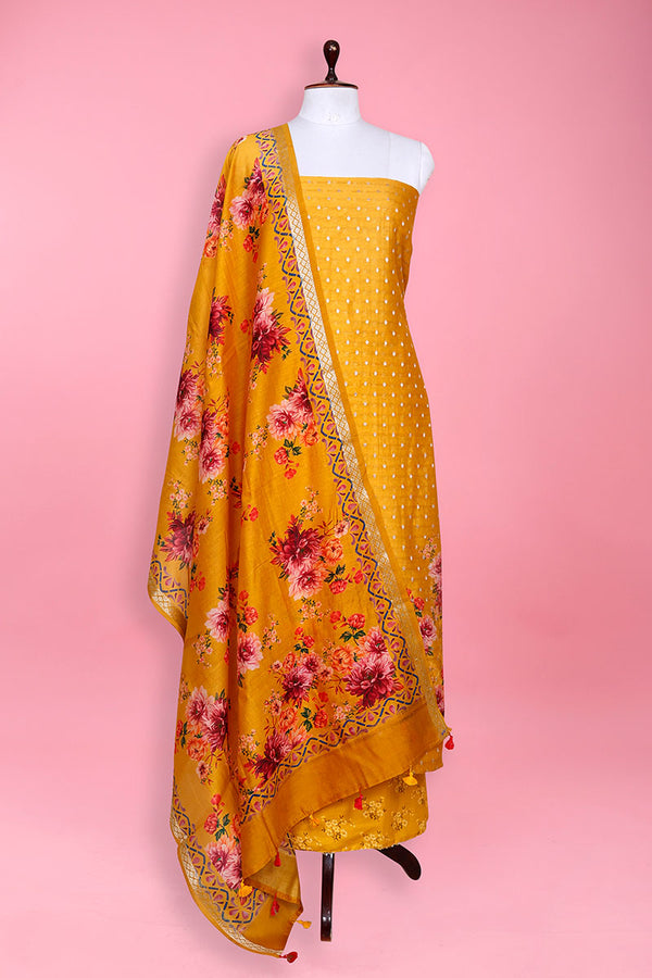 Yellow Printed Chanderi Silk Suit Set At Chinaya Banaras