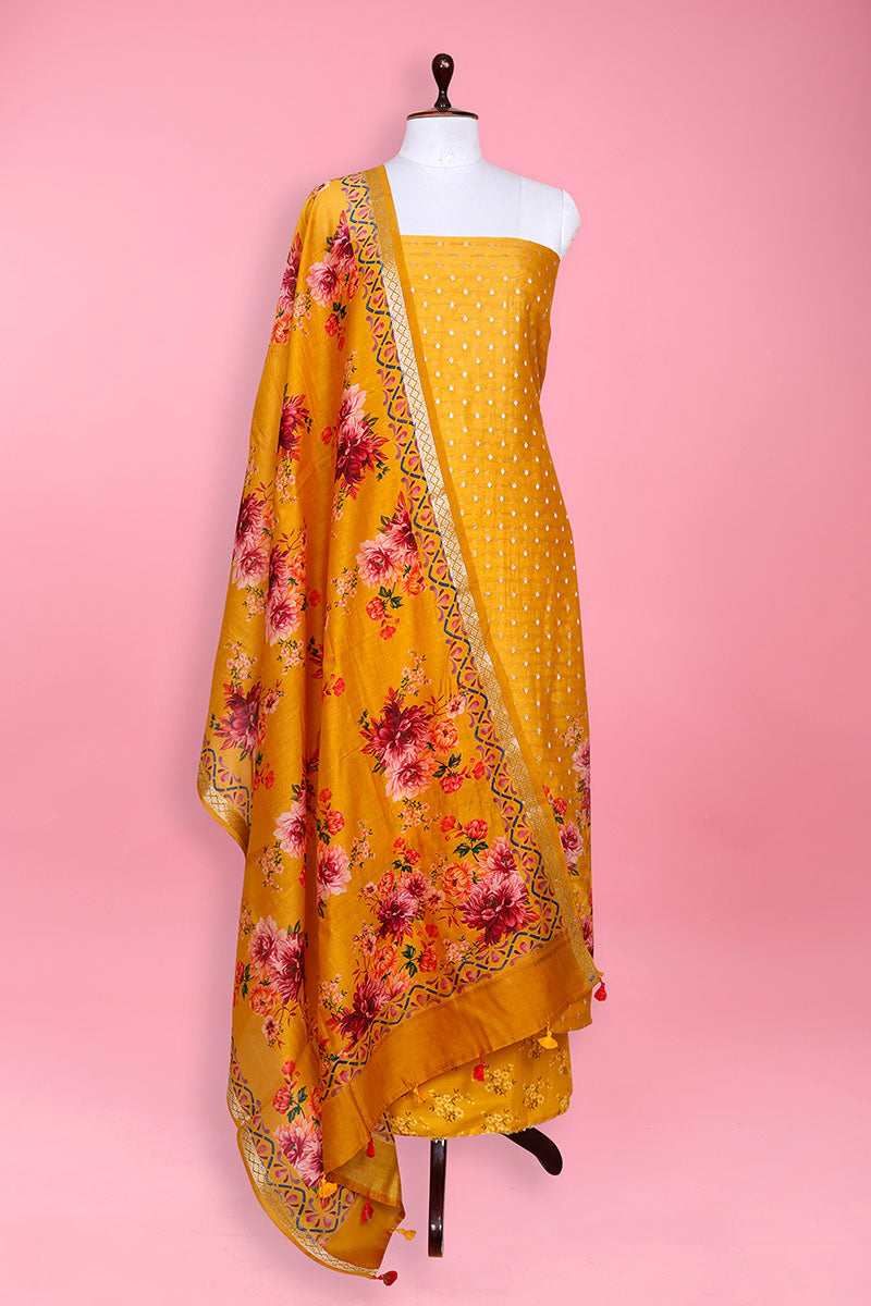 Yellow Digiital Printed Chanderi Silk  Dress Material
