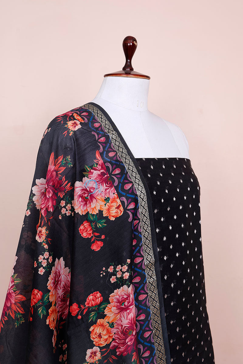 Black Digiital Printed Chanderi Silk  Dress Material