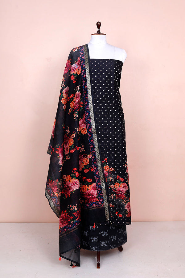 Black Digiital Printed Chanderi Silk  Dress Material