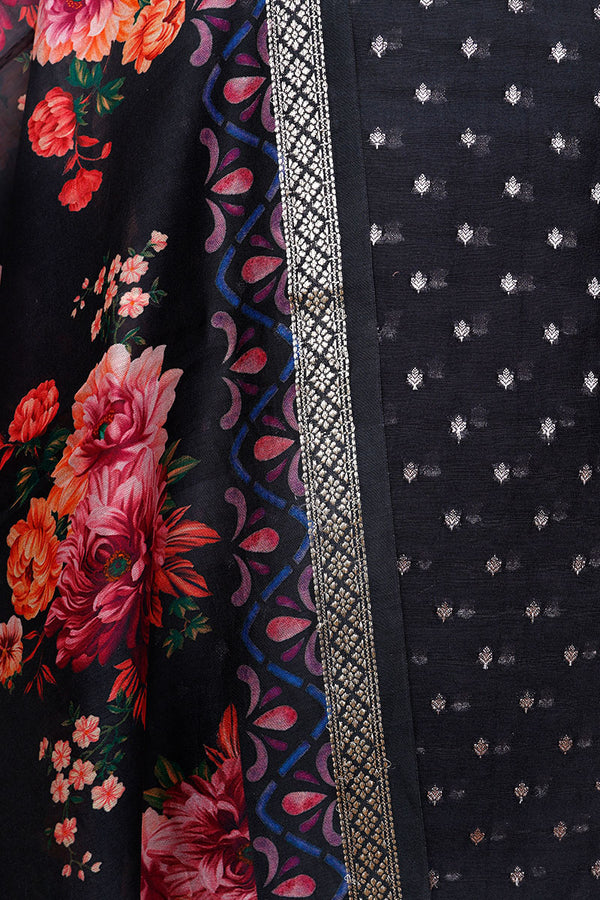 Black Digiital Printed Chanderi Silk  Dress Material