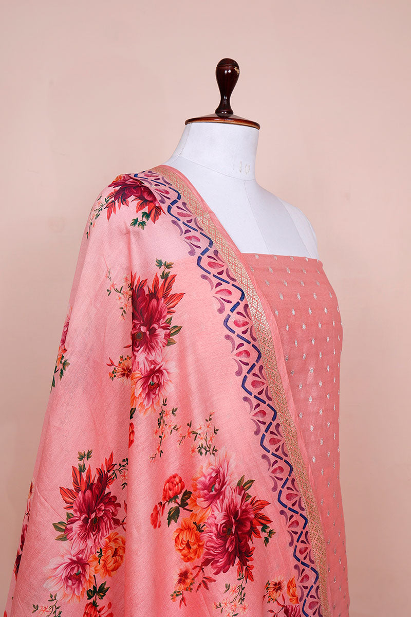 Peach Digiital Printed Chanderi Silk Dress Material