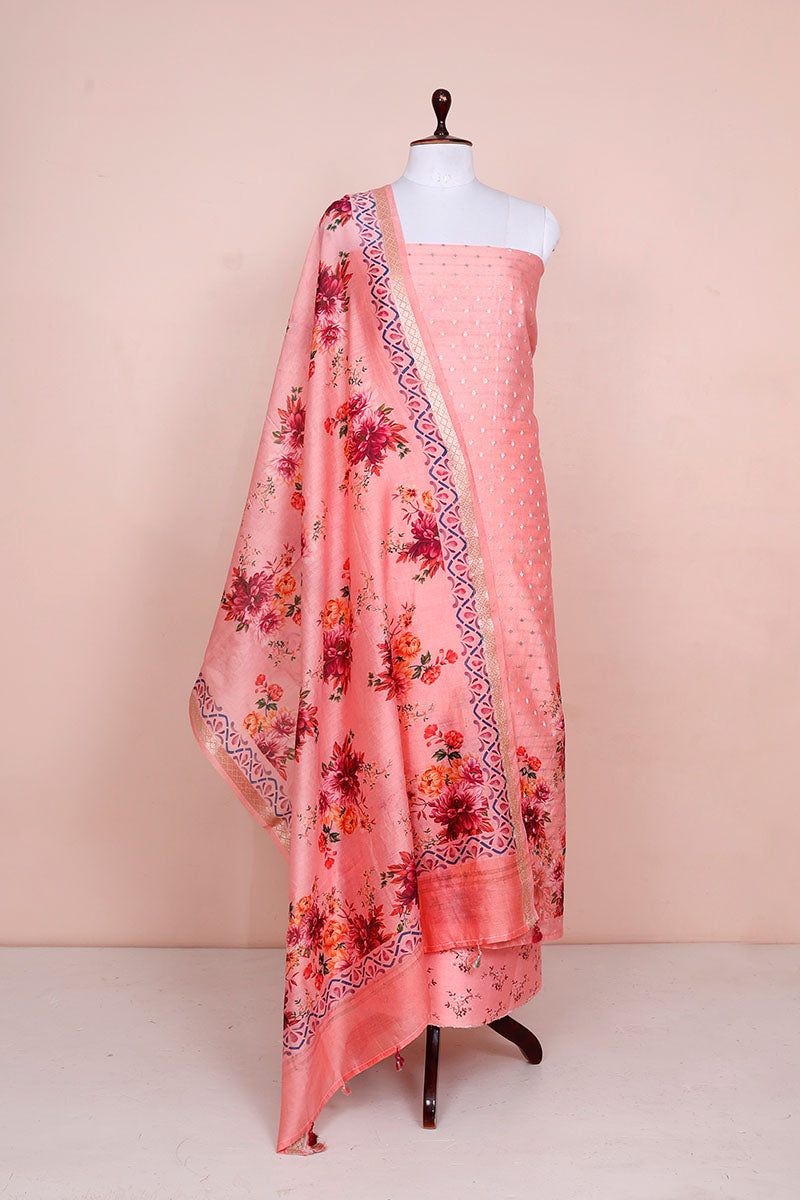 Peach Digiital Printed Chanderi Silk Dress Material
