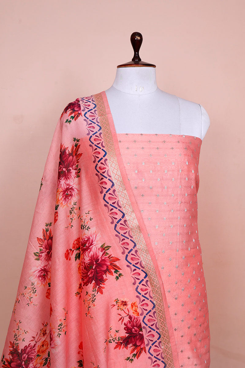 Peach Digiital Printed Chanderi Silk Dress Material