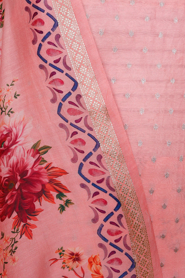 Peach Digital Printed Chanderi Silk Dress Material - Chinaya Banaras